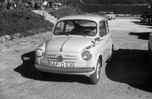 A tiny Fiat 600, Germany 1950s. A tiny Fiat 600, Germany 1950s.